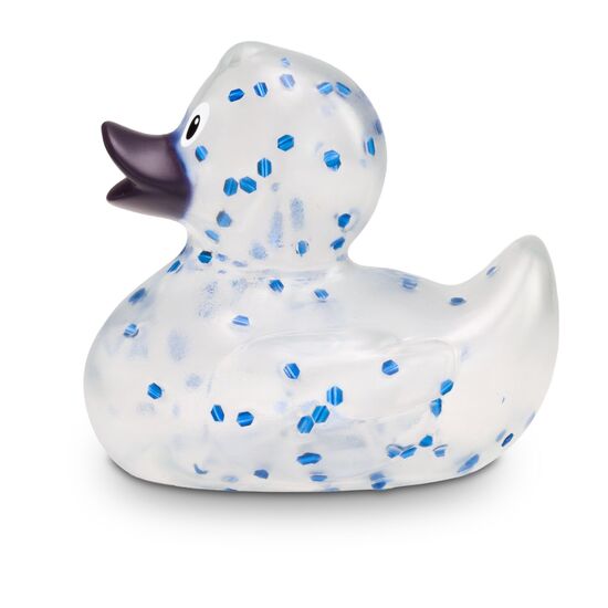 transparente Werbeente Bibi Blauglitzer mit blauem Glitzer-Konfetti und royalblauem Schnabel, Größe: ca. 8 cm. Inklusive Quietschventil