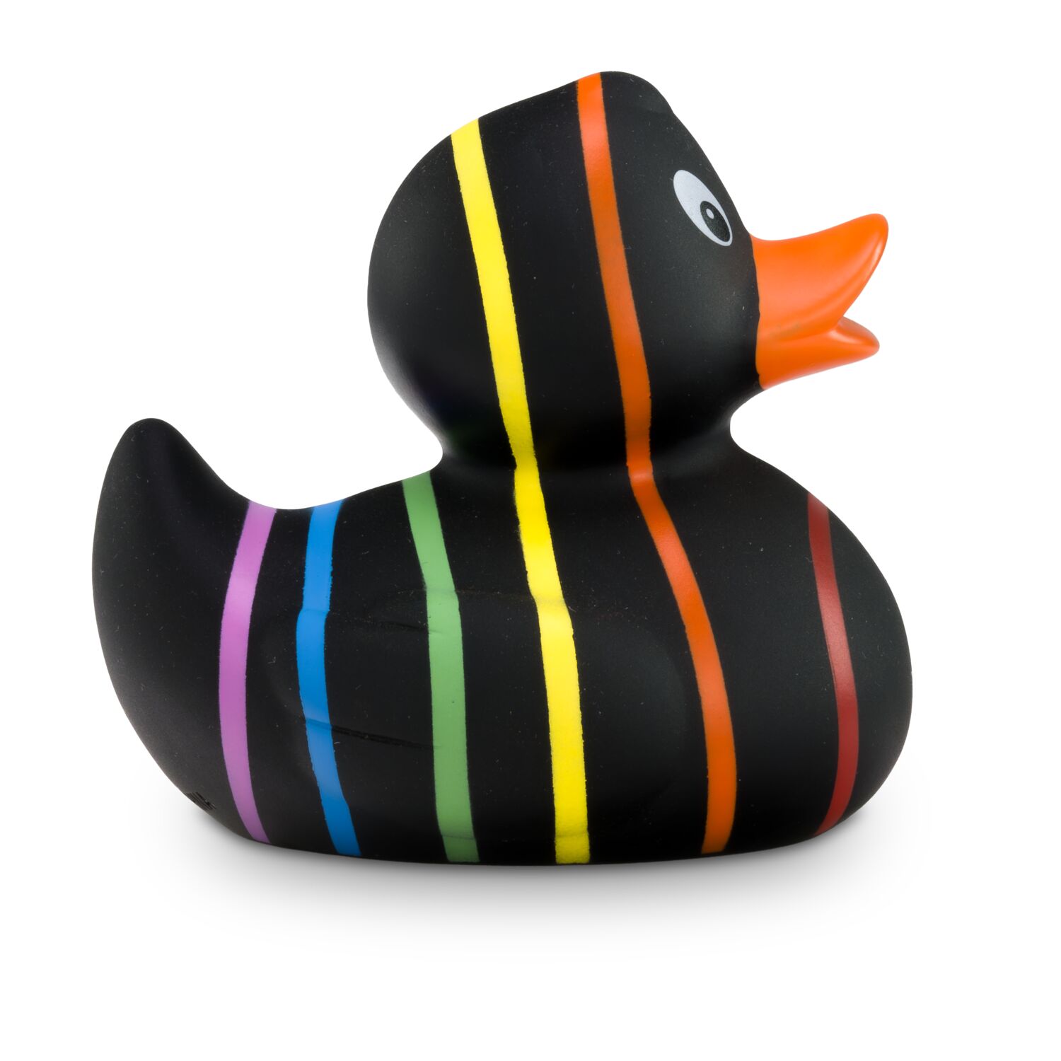 schwarze Badeente Rebecca Regenbogen mit sechs Streifen in Pink, Blau, Grün, Gelb, Orange und Rot, Größe: ca. 8 cm. Inklusive Quietschventil