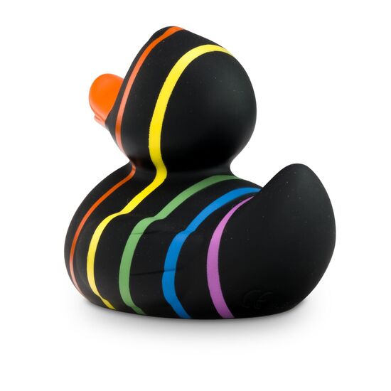 schwarze Badeente Rebecca Regenbogen mit sechs Streifen in Pink, Blau, Grün, Gelb, Orange und Rot, Größe: ca. 8 cm. Inklusive Quietschventil