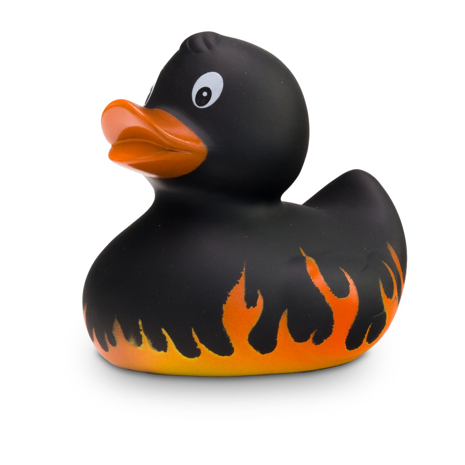 mattschwarze Werbeente Frank Flamme mit Flammenprint, Größe: ca. 8 cm. Inklusive Quietschventil