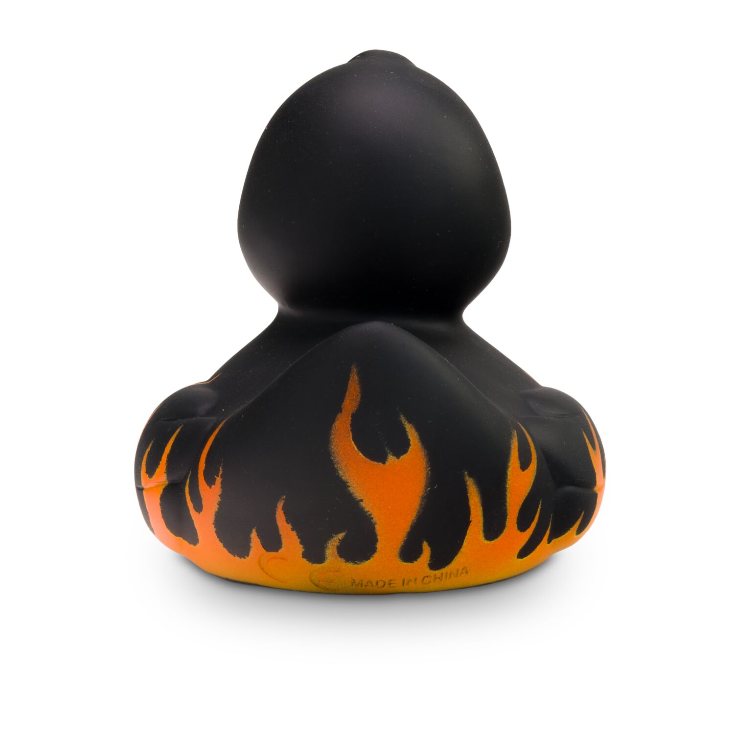 mattschwarze Werbeente Frank Flamme mit Flammenprint, Größe: ca. 8 cm. Inklusive Quietschventil