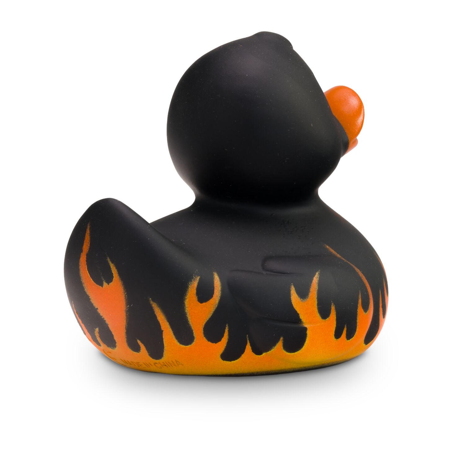 mattschwarze Werbeente Frank Flamme mit Flammenprint, Größe: ca. 8 cm. Inklusive Quietschventil