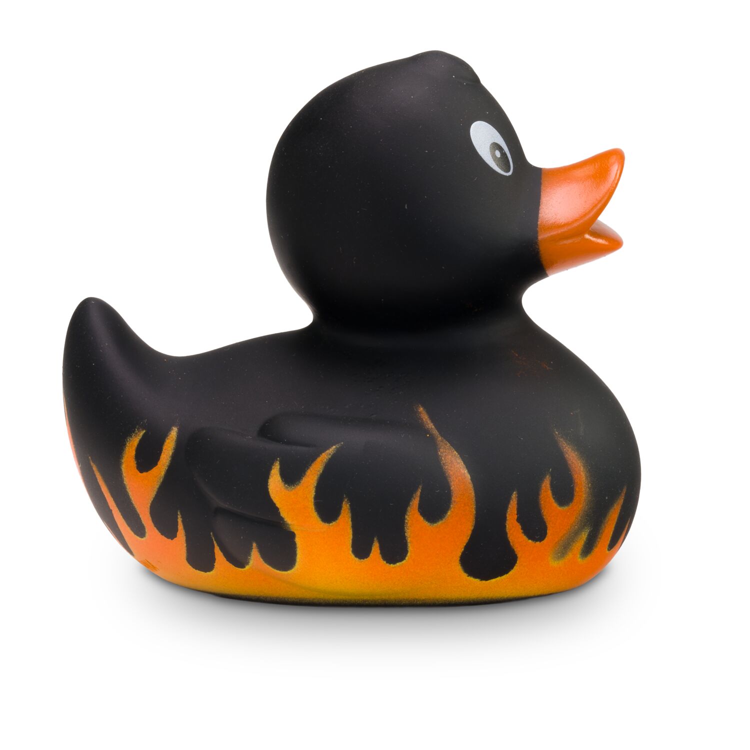mattschwarze Werbeente Frank Flamme mit Flammenprint, Größe: ca. 8 cm. Inklusive Quietschventil