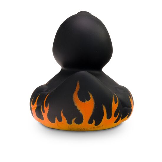 mattschwarze Werbeente Frank Flamme mit Flammenprint, Größe: ca. 8 cm. Inklusive Quietschventil