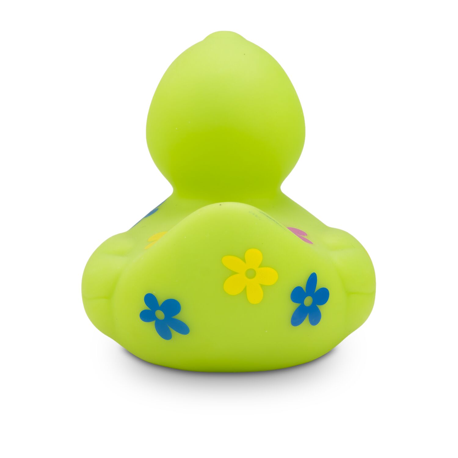 grüne Badeente Beate Blumenwiese mit bunten Blumenmotiven in Blau, Gelb und Lila. Größe: ca. 8 cm. Inklusive Quietschventil