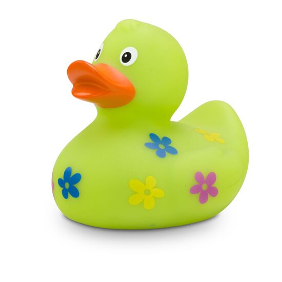 grüne Badeente Beate Blumenwiese mit bunten Blumenmotiven in Blau, Gelb und Lila. Größe: ca. 8 cm. Inklusive Quietschventil