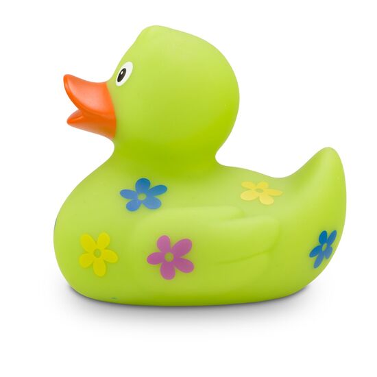 grüne Badeente Beate Blumenwiese mit bunten Blumenmotiven in Blau, Gelb und Lila. Größe: ca. 8 cm. Inklusive Quietschventil