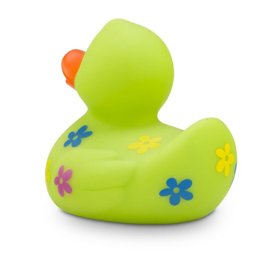 grüne Badeente Beate Blumenwiese mit bunten Blumenmotiven in Blau, Gelb und Lila. Größe: ca. 8 cm. Inklusive Quietschventil