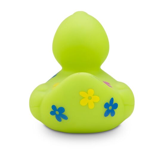 grüne Badeente Beate Blumenwiese mit bunten Blumenmotiven in Blau, Gelb und Lila. Größe: ca. 8 cm. Inklusive Quietschventil