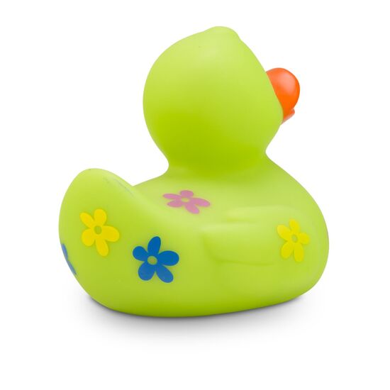 grüne Badeente Beate Blumenwiese mit bunten Blumenmotiven in Blau, Gelb und Lila. Größe: ca. 8 cm. Inklusive Quietschventil