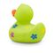 grüne Badeente Beate Blumenwiese mit bunten Blumenmotiven in Blau, Gelb und Lila. Größe: ca. 8 cm. Inklusive Quietschventil