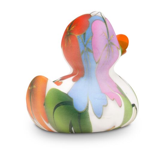 bunte Werbeente Fiona Flower, Größe: ca. 8 cm. Inklusive Quietschventil