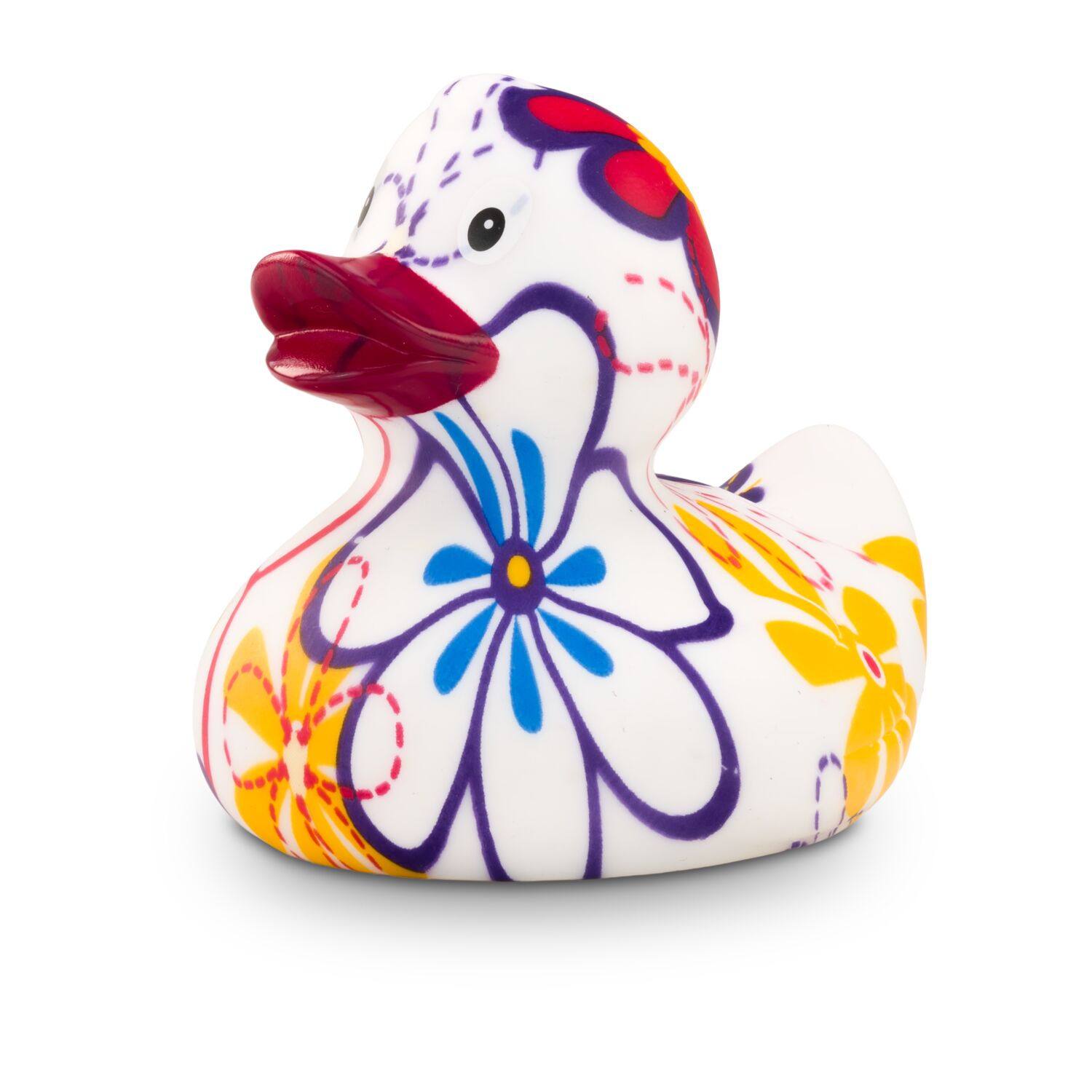 bunte Werbeente Bea Blütenkleid mit vollflächigen Druck aus Vergissmeinnicht Blumen, Größe: ca. 8 cm. Inklusive Quietschventil