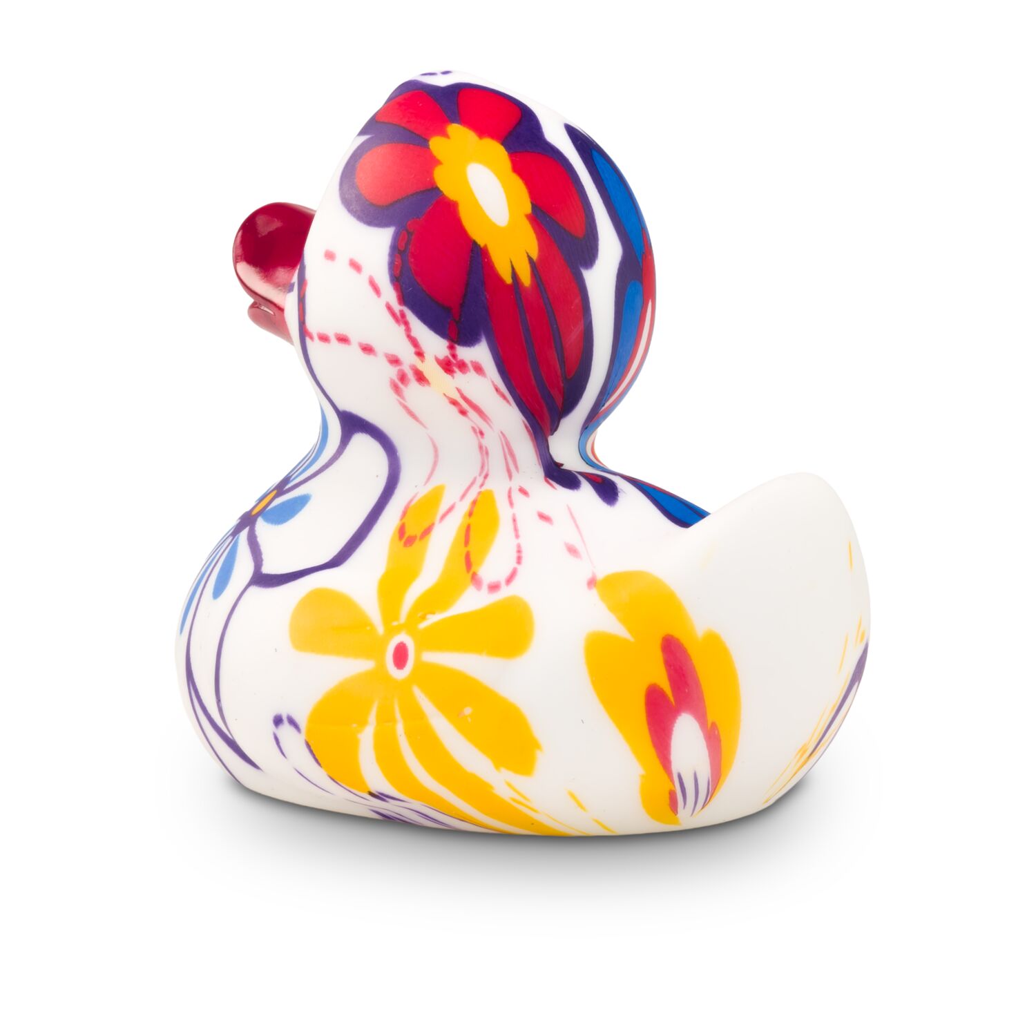 bunte Werbeente Bea Blütenkleid mit vollflächigen Druck aus Vergissmeinnicht Blumen, Größe: ca. 8 cm. Inklusive Quietschventil