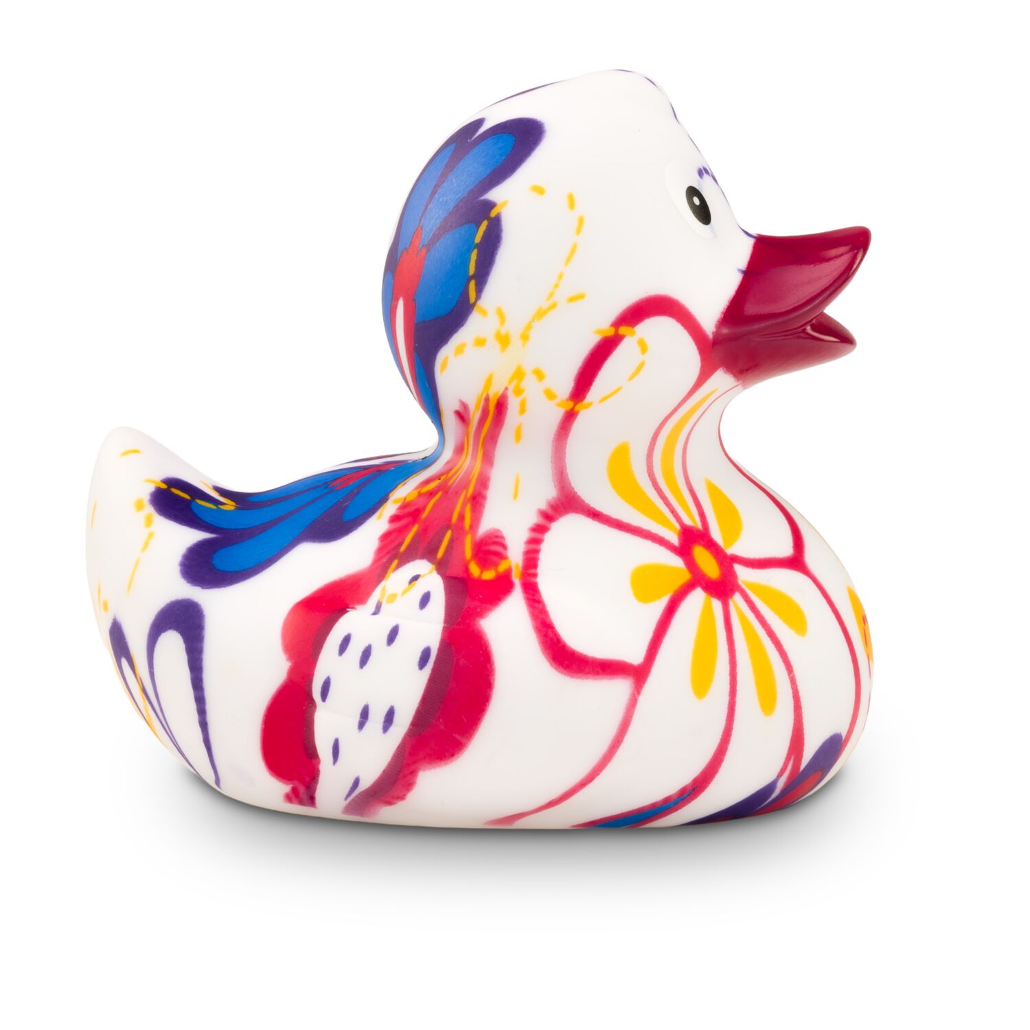 bunte Werbeente Bea Blütenkleid mit vollflächigen Druck aus Vergissmeinnicht Blumen, Größe: ca. 8 cm. Inklusive Quietschventil