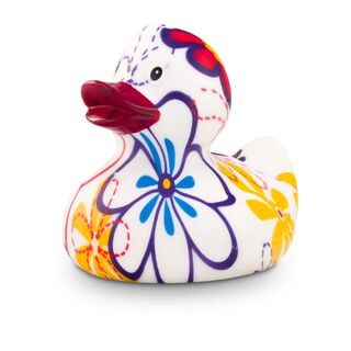 bunte Werbeente Bea Blütenkleid mit vollflächigen Druck aus Vergissmeinnicht Blumen, Größe: ca. 8 cm. Inklusive Quietschventil