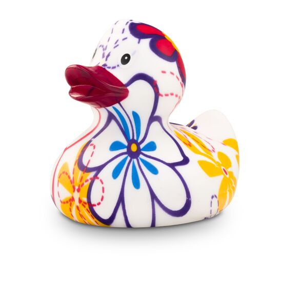 bunte Werbeente Bea Blütenkleid mit vollflächigen Druck aus Vergissmeinnicht Blumen, Größe: ca. 8 cm. Inklusive Quietschventil