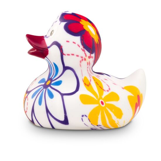 bunte Werbeente Bea Blütenkleid mit vollflächigen Druck aus Vergissmeinnicht Blumen, Größe: ca. 8 cm. Inklusive Quietschventil