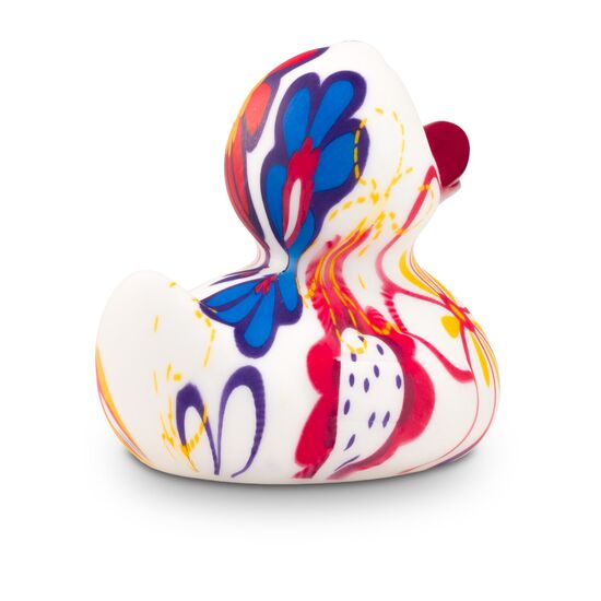 bunte Werbeente Bea Blütenkleid mit vollflächigen Druck aus Vergissmeinnicht Blumen, Größe: ca. 8 cm. Inklusive Quietschventil