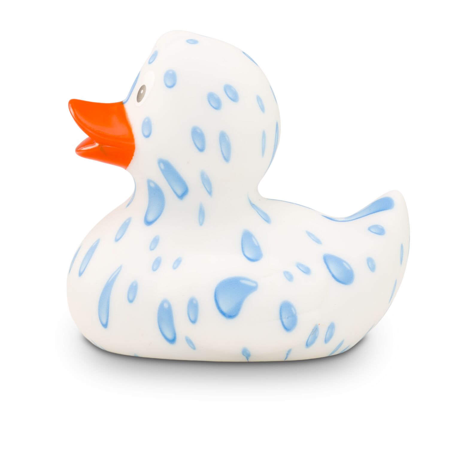 weiße Werbeente Tommy Tropfen mit vielen Wassertropfen und orangenem Schnabel, Größe: ca. 8 cm. Inklusive Quietschventil