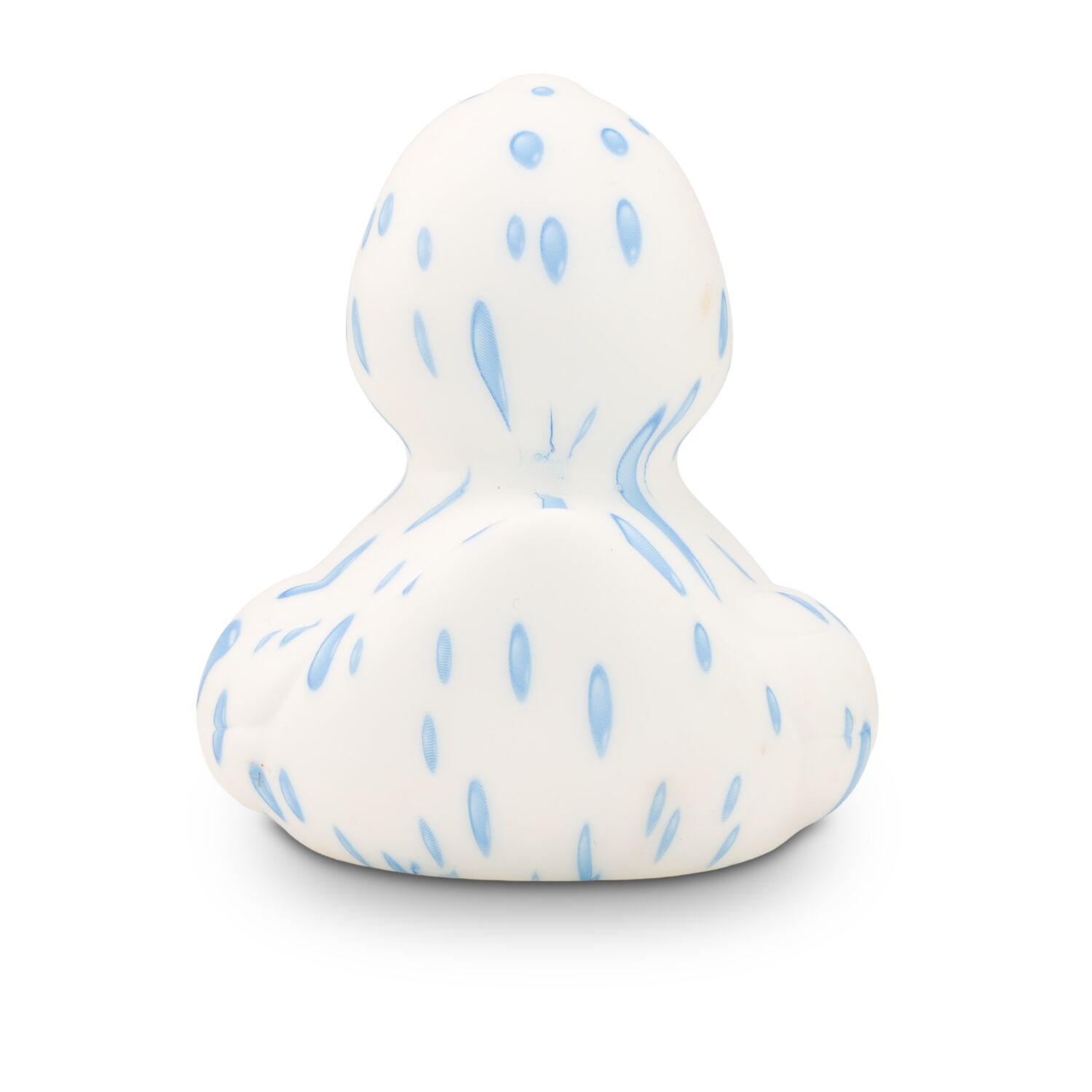 weiße Werbeente Tommy Tropfen mit vielen Wassertropfen und orangenem Schnabel, Größe: ca. 8 cm. Inklusive Quietschventil