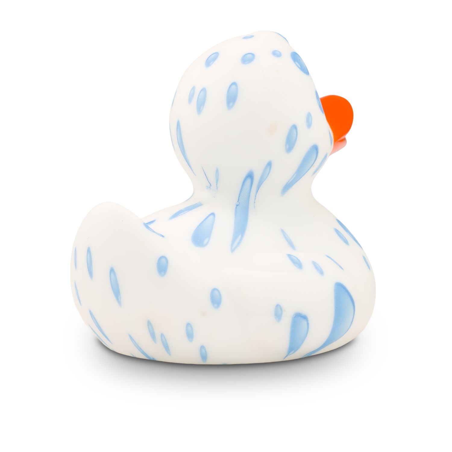 weiße Werbeente Tommy Tropfen mit vielen Wassertropfen und orangenem Schnabel, Größe: ca. 8 cm. Inklusive Quietschventil
