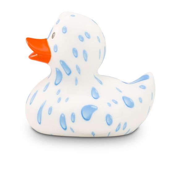 weiße Werbeente Tommy Tropfen mit vielen Wassertropfen und orangenem Schnabel, Größe: ca. 8 cm. Inklusive Quietschventil