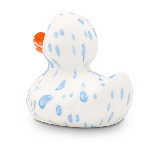 weiße Werbeente Tommy Tropfen mit vielen Wassertropfen und orangenem Schnabel, Größe: ca. 8 cm. Inklusive Quietschventil