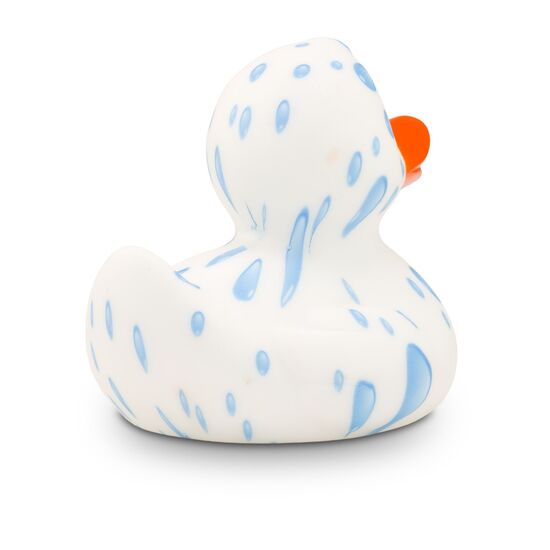 weiße Werbeente Tommy Tropfen mit vielen Wassertropfen und orangenem Schnabel, Größe: ca. 8 cm. Inklusive Quietschventil