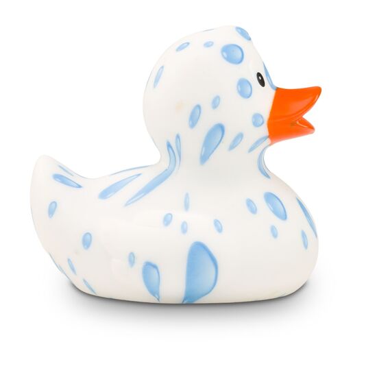 weiße Werbeente Tommy Tropfen mit vielen Wassertropfen und orangenem Schnabel, Größe: ca. 8 cm. Inklusive Quietschventil