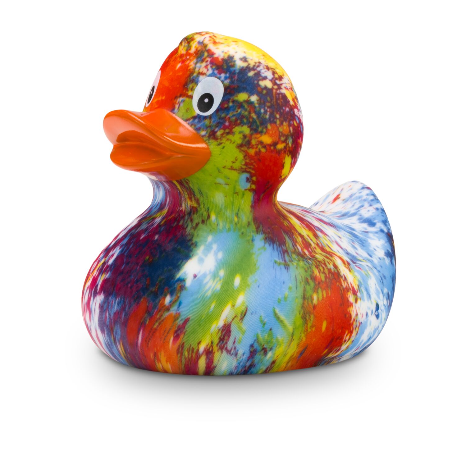 bunte Werbeente Kathrin Kunterbunt mit orangenem Schnabel, Größe: ca. 8 cm. Inklusive Quietschventil