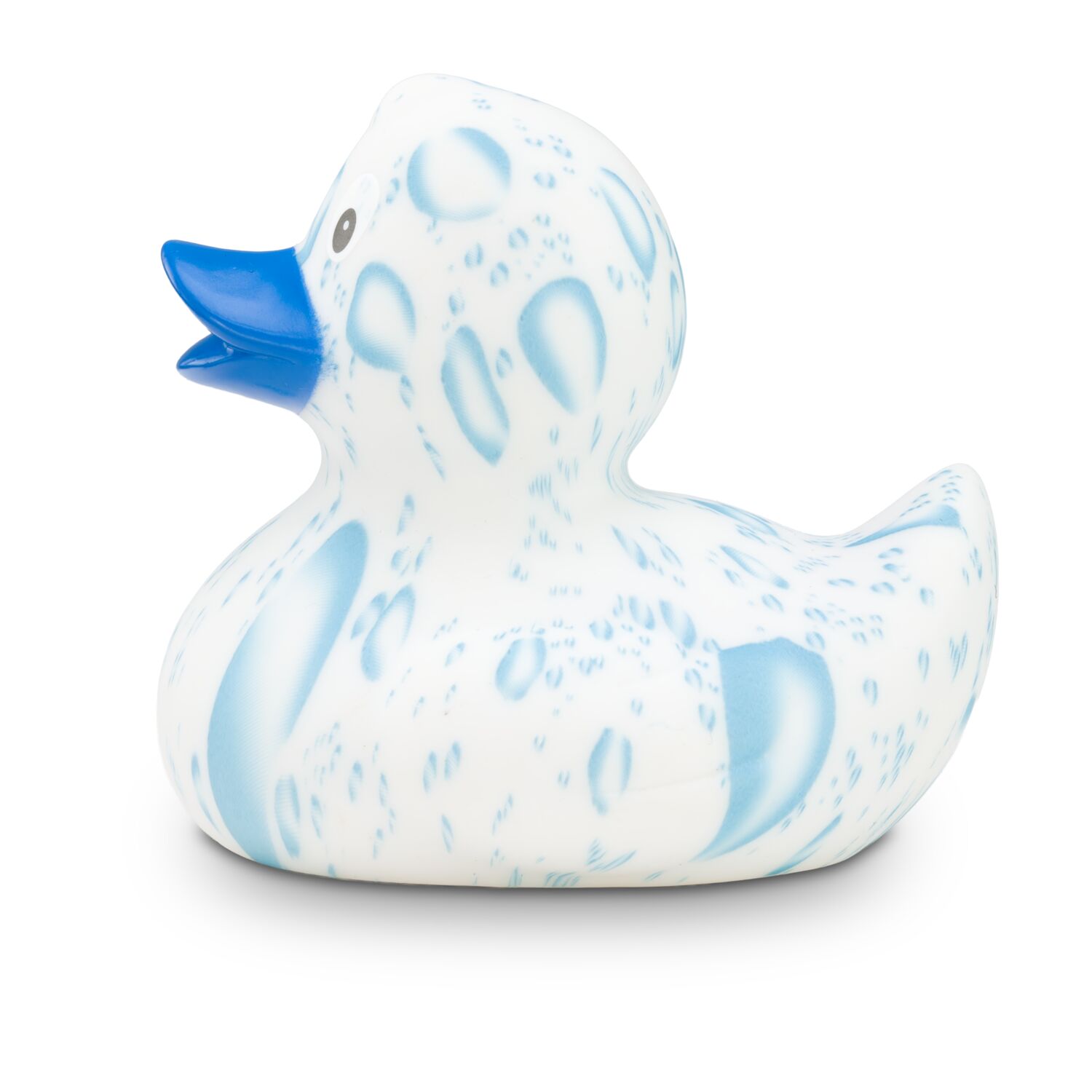 weiße Werbeente Patrick Plansch mit Wassertropfen und blauem Schnabel in der Standardform, Größe: ca. 8 cm. Inklusive Quietschventil