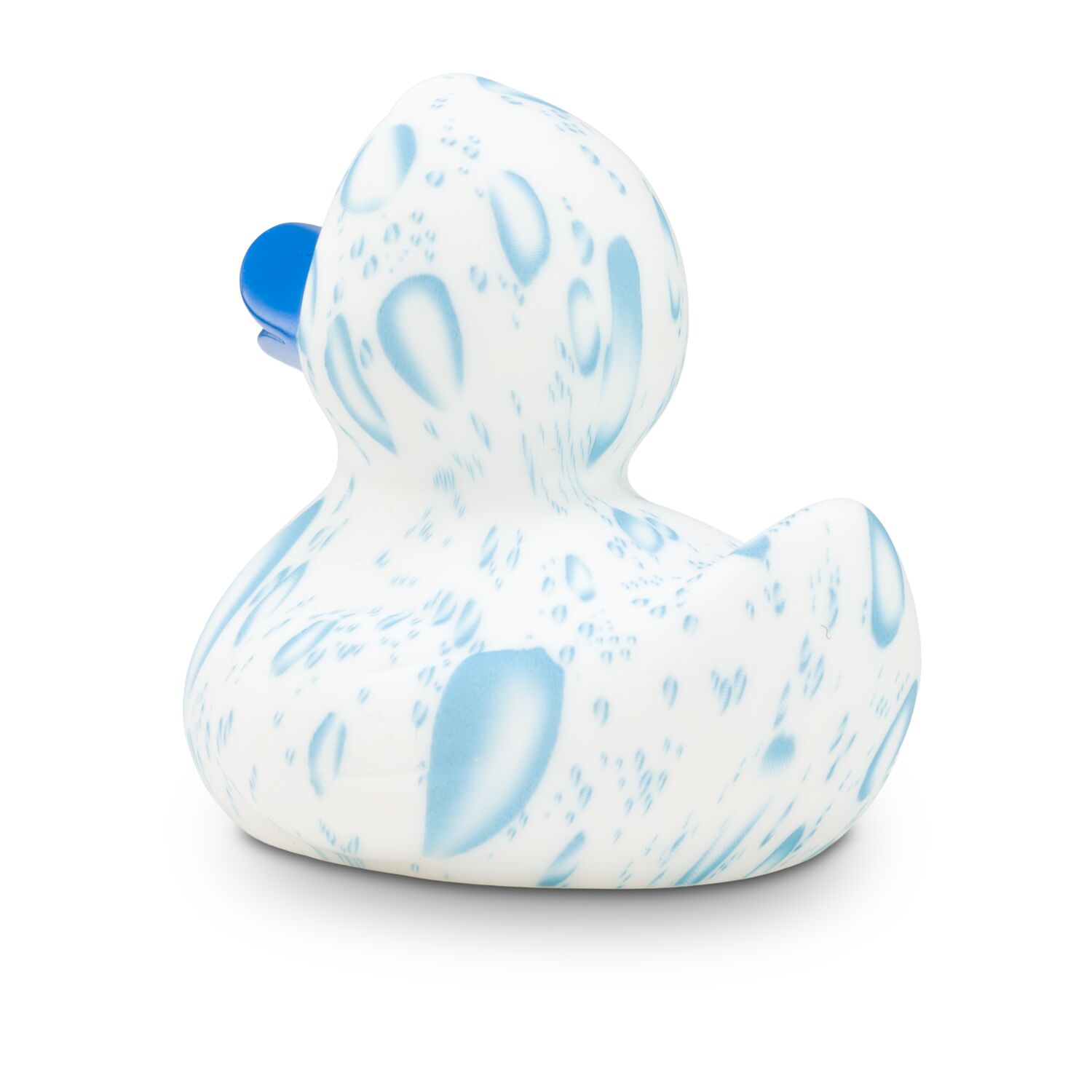 weiße Werbeente Patrick Plansch mit Wassertropfen und blauem Schnabel in der Standardform, Größe: ca. 8 cm. Inklusive Quietschventil