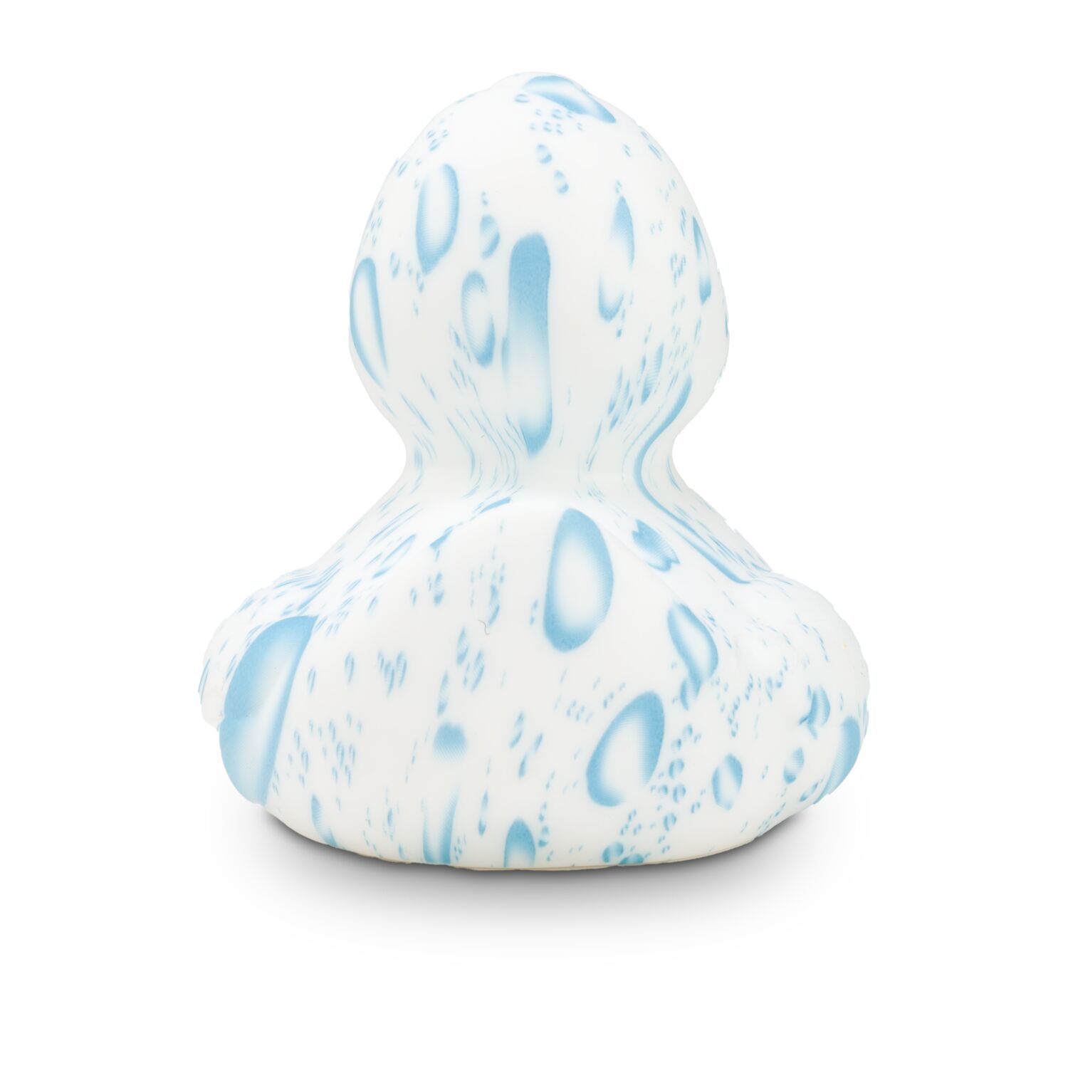 weiße Werbeente Patrick Plansch mit Wassertropfen und blauem Schnabel in der Standardform, Größe: ca. 8 cm. Inklusive Quietschventil