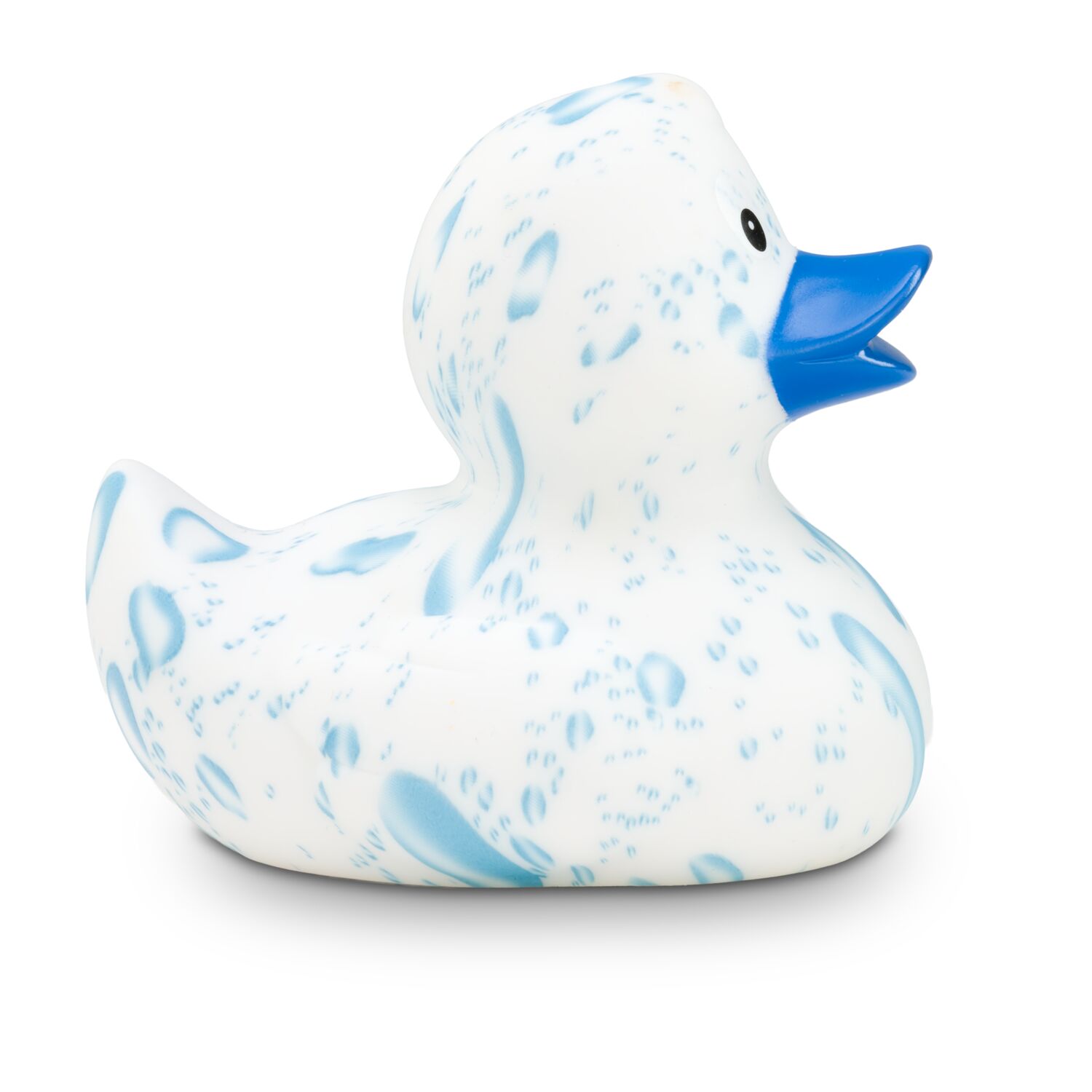weiße Werbeente Patrick Plansch mit Wassertropfen und blauem Schnabel in der Standardform, Größe: ca. 8 cm. Inklusive Quietschventil