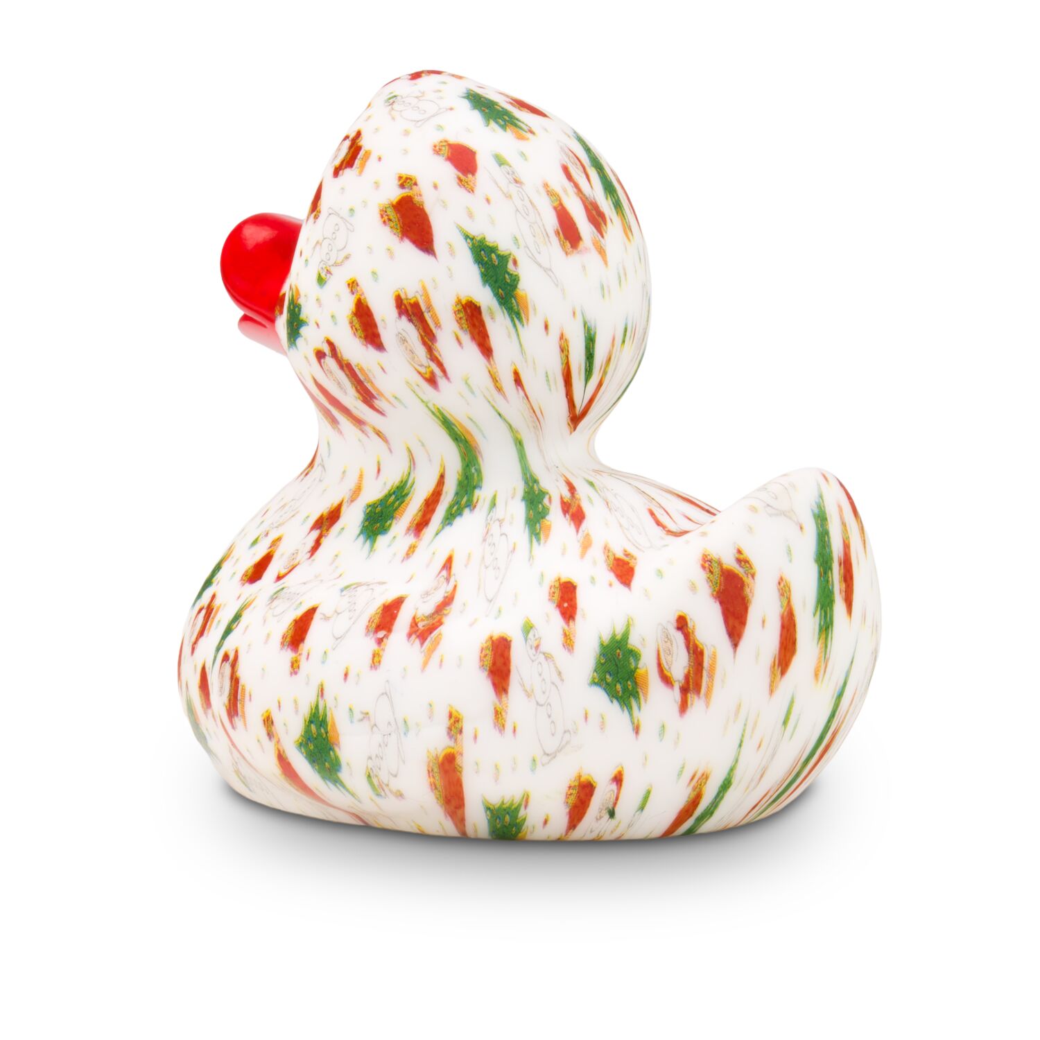 weiße Werbeente Tanja Tannenbaum mit vollflächigen Druckmotiv im rot-grünen Design mit rotem Schnabel, Größe: ca. 8 cm. Inklusive Quietschventil