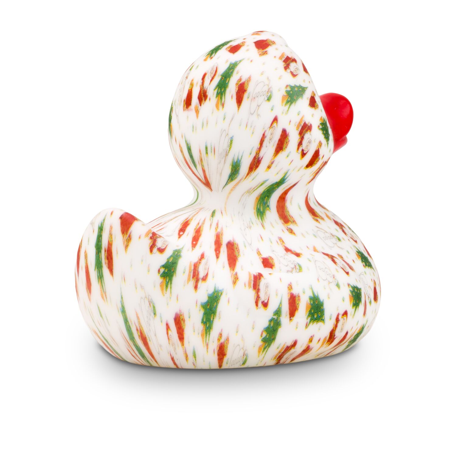 weiße Werbeente Tanja Tannenbaum mit vollflächigen Druckmotiv im rot-grünen Design mit rotem Schnabel, Größe: ca. 8 cm. Inklusive Quietschventil