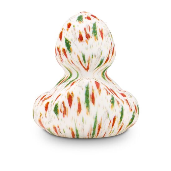 weiße Werbeente Tanja Tannenbaum mit vollflächigen Druckmotiv im rot-grünen Design mit rotem Schnabel, Größe: ca. 8 cm. Inklusive Quietschventil