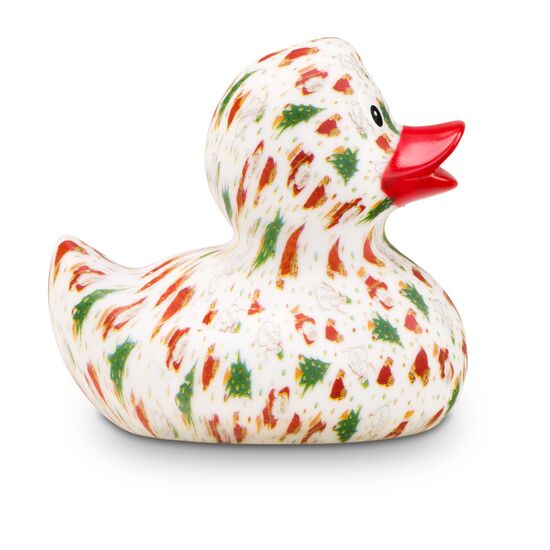 weiße Werbeente Tanja Tannenbaum mit vollflächigen Druckmotiv im rot-grünen Design mit rotem Schnabel, Größe: ca. 8 cm. Inklusive Quietschventil