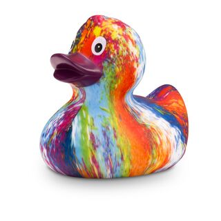 bunte Werbeente Robin Rainbow mit bordeauxfarbenen Schnabel, Größe: ca. 8 cm. Inklusive Quietschventil