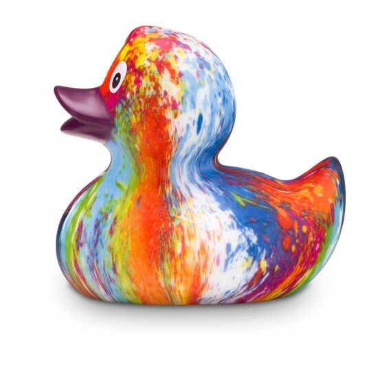bunte Werbeente Robin Rainbow mit bordeauxfarbenen Schnabel, Größe: ca. 8 cm. Inklusive Quietschventil
