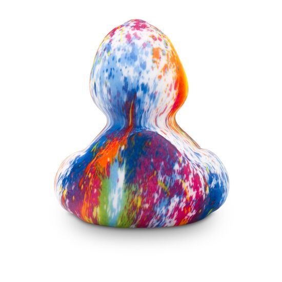 bunte Werbeente Robin Rainbow mit bordeauxfarbenen Schnabel, Größe: ca. 8 cm. Inklusive Quietschventil