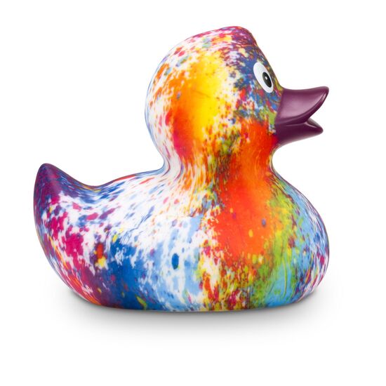 bunte Werbeente Robin Rainbow mit bordeauxfarbenen Schnabel, Größe: ca. 8 cm. Inklusive Quietschventil