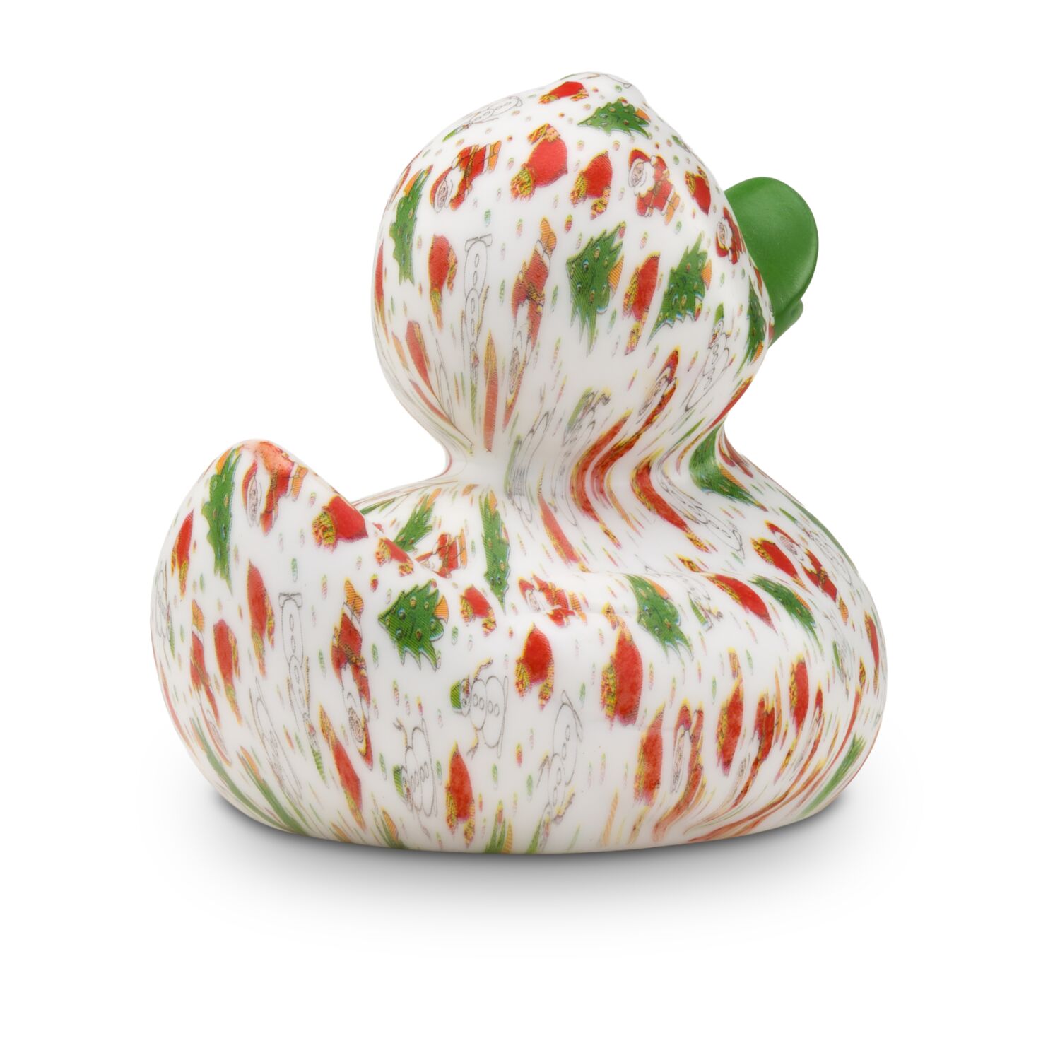 weiße Werbeente Torsten Tannenbaum mit vollflächigen Druckmotiv im rot-grünen Design mit grünem Schnabel, Größe: ca. 8 cm. Inklusive Quietschventil