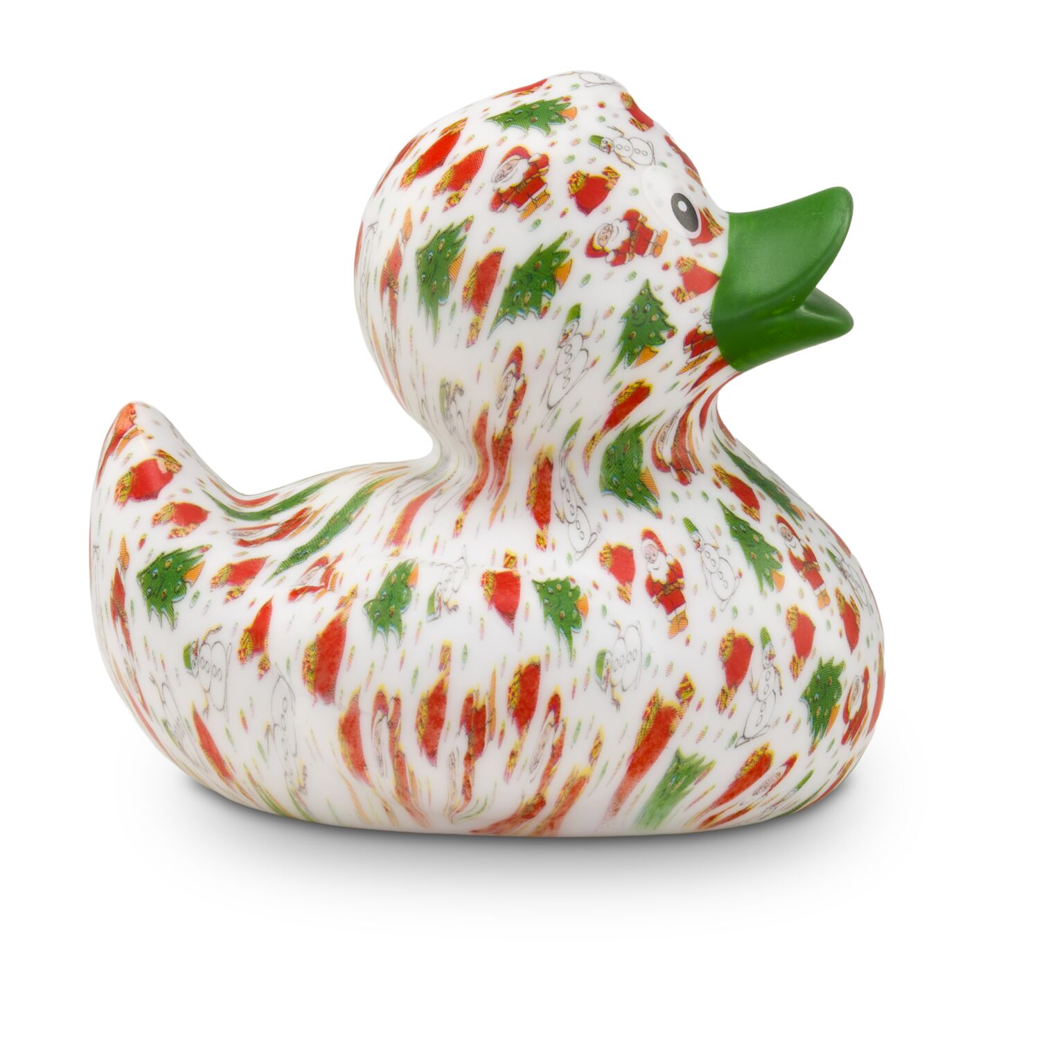 weiße Werbeente Torsten Tannenbaum mit vollflächigen Druckmotiv im rot-grünen Design mit grünem Schnabel, Größe: ca. 8 cm. Inklusive Quietschventil