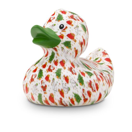 weiße Werbeente Torsten Tannenbaum mit vollflächigen Druckmotiv im rot-grünen Design mit grünem Schnabel, Größe: ca. 8 cm. Inklusive Quietschventil