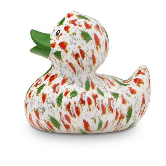 weiße Werbeente Torsten Tannenbaum mit vollflächigen Druckmotiv im rot-grünen Design mit grünem Schnabel, Größe: ca. 8 cm. Inklusive Quietschventil