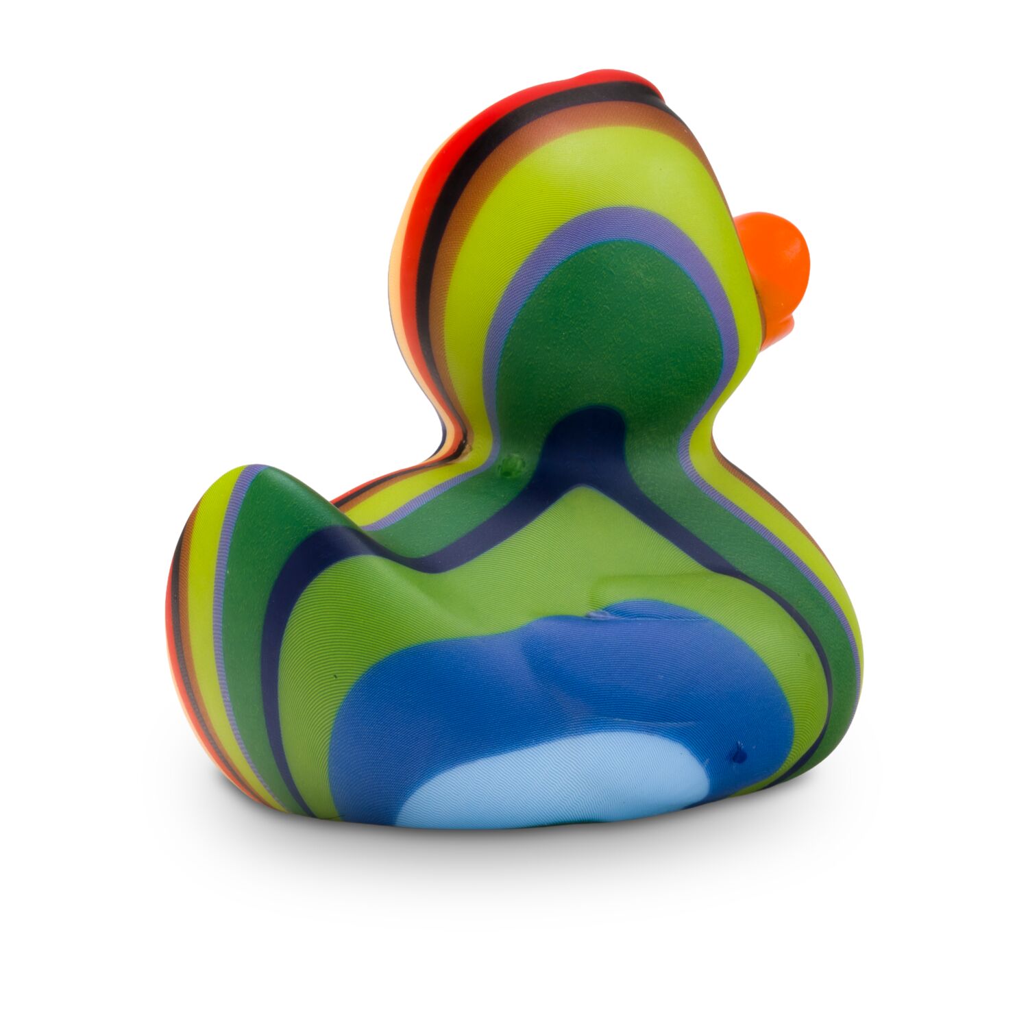 schwarze Werbeente Lenny Längsstreifen mitbunten Streifen, Größe: ca. 8 cm. Inklusive Quietschventil