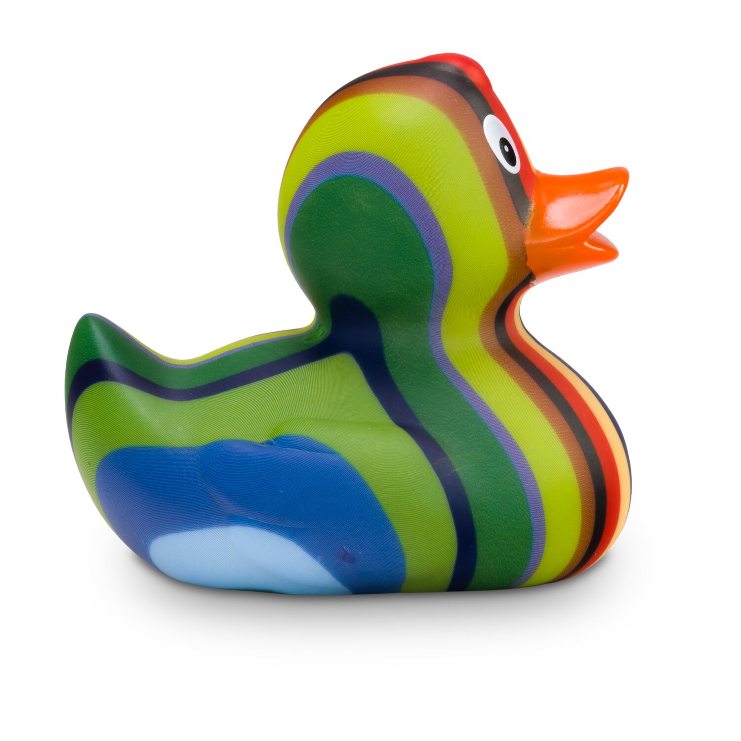 schwarze Werbeente Lenny Längsstreifen mitbunten Streifen, Größe: ca. 8 cm. Inklusive Quietschventil