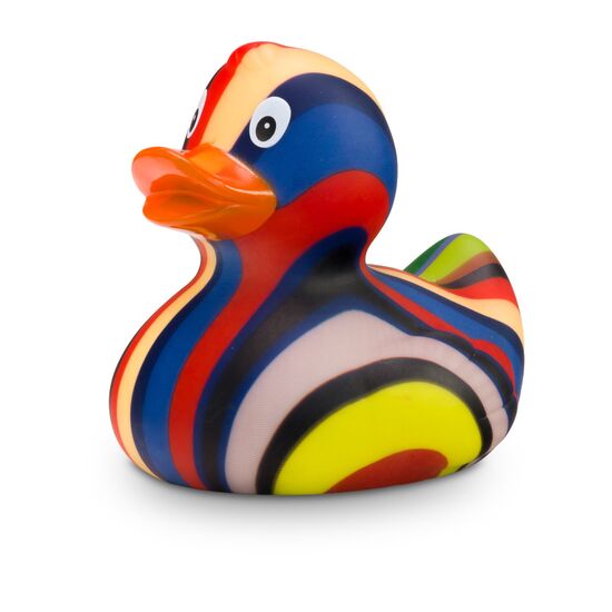 schwarze Werbeente Lenny Längsstreifen mitbunten Streifen, Größe: ca. 8 cm. Inklusive Quietschventil